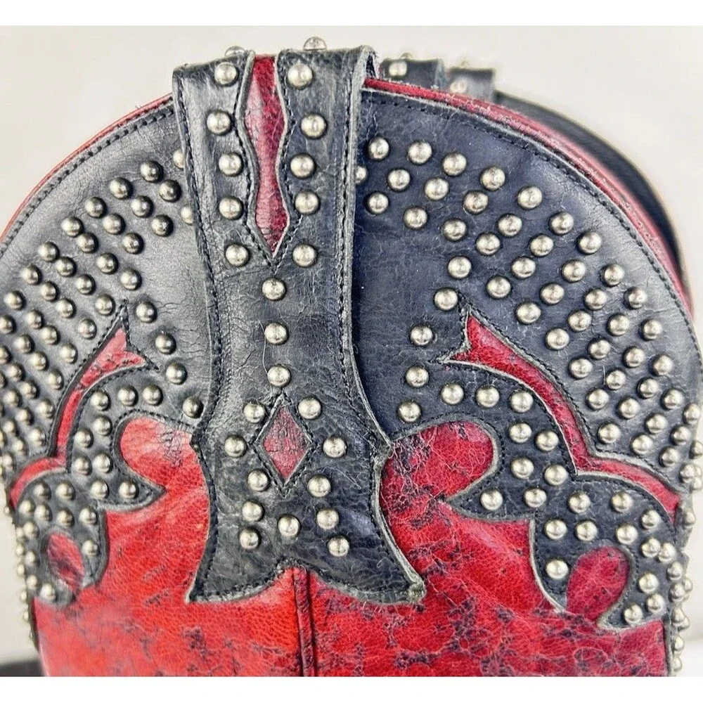 LANE Stephanie  Womens Red and BLack Studded Leather Cowboy Boots Size US 6 RARE